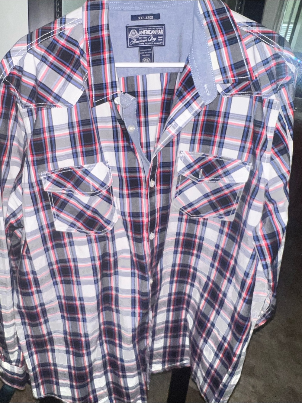 American Rag Plaid Button-Up Shirt in Navy, White & Red